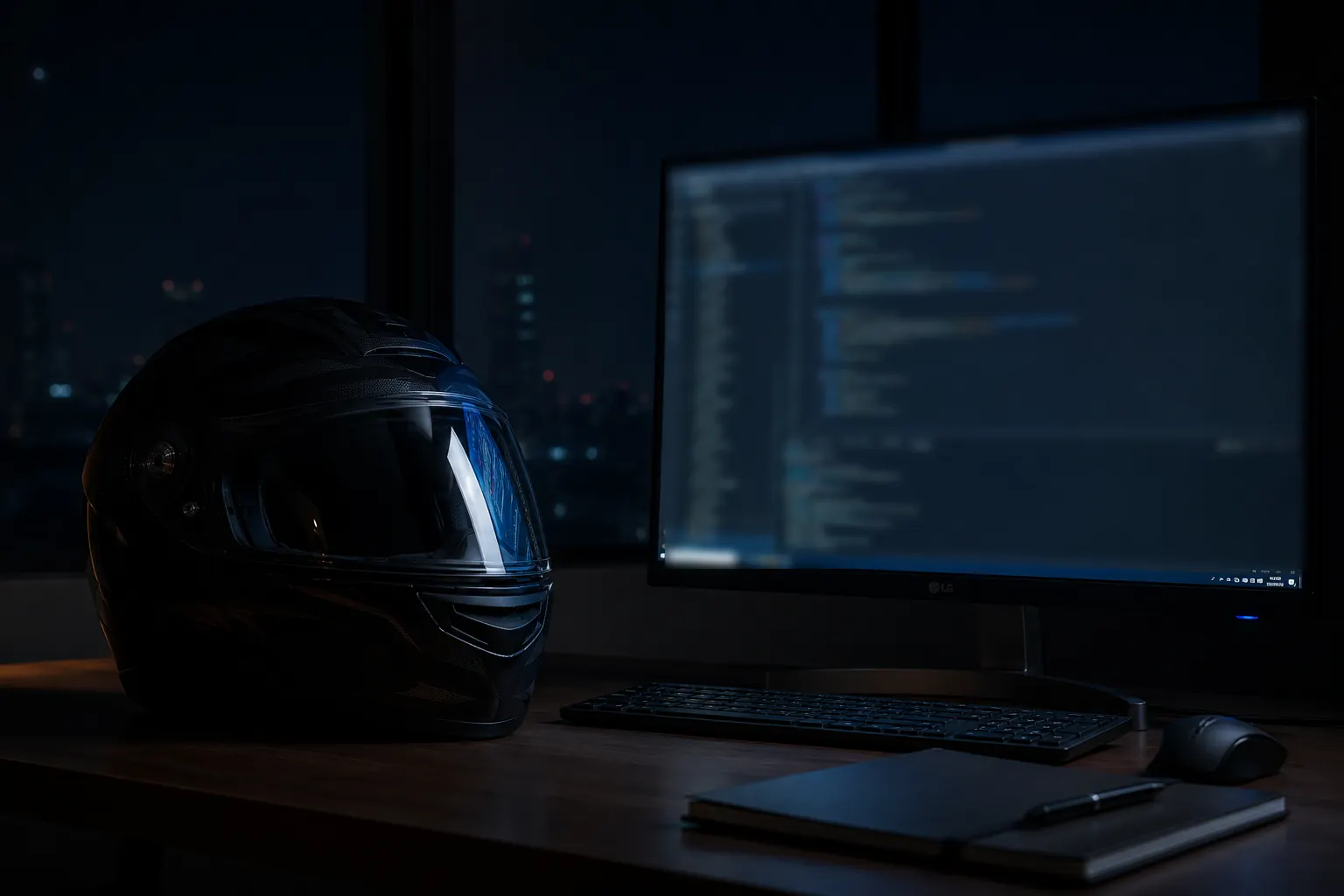A riding helmet on a desk beside a monitor full of code, at night